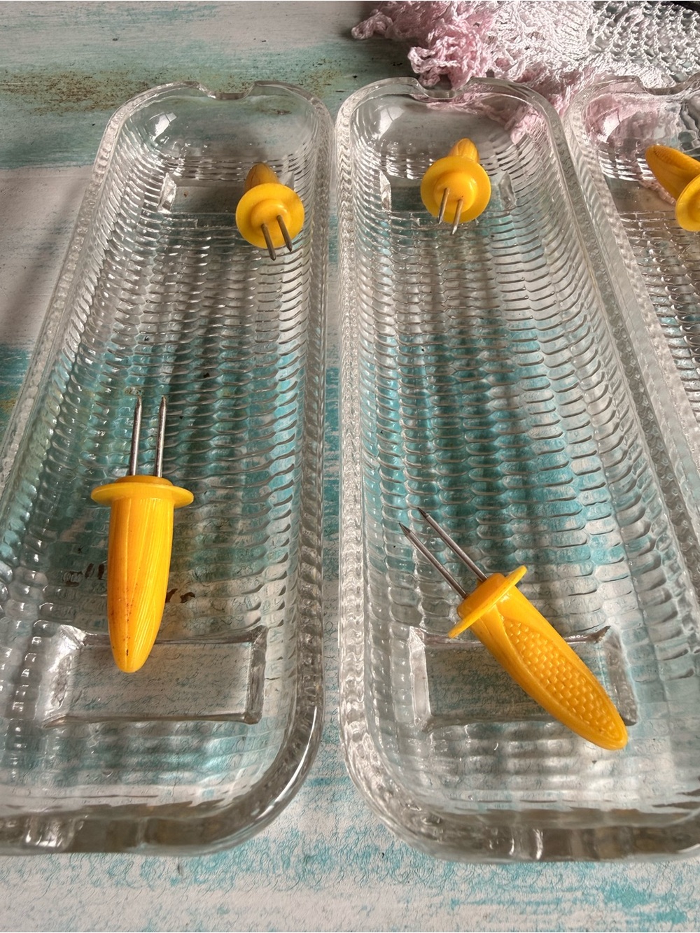 1970s Set of 6 Glass Corn on the Cob Dishes Made in Brazil and 8 Vintage Holders